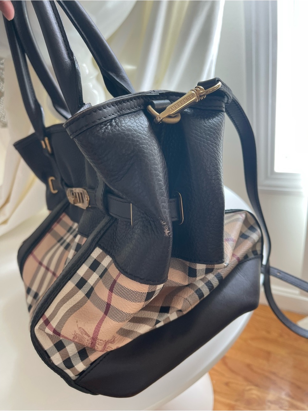 Burberry Black Leather and Beige Check Satchel - Picture 2 of 9